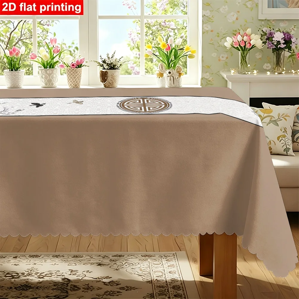 1PC Rectangular tablecloth featuring a traditional Chinese pattern with bird and floral elements, made of durable polyester fabr