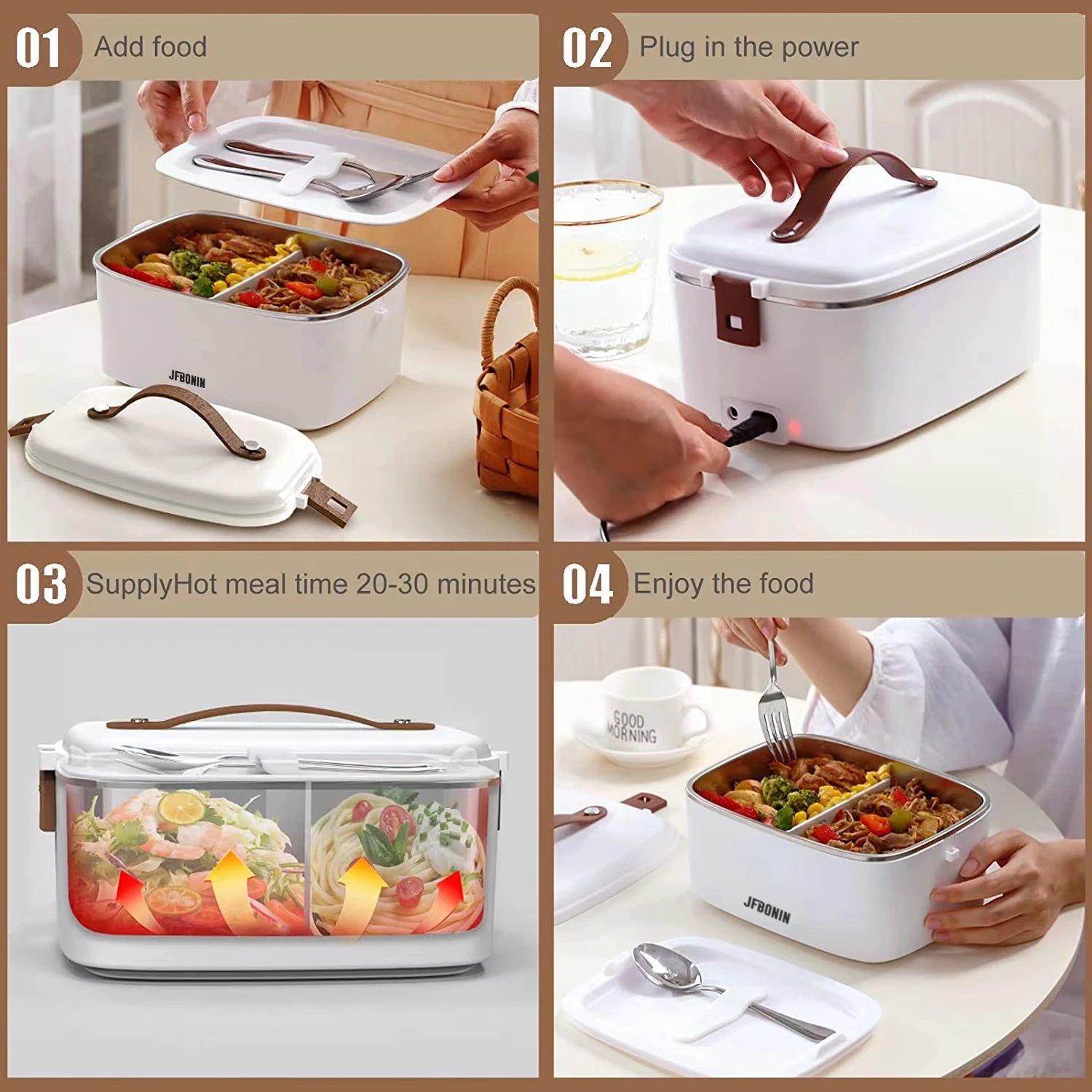 JFBONIN Stainless Steel Insulated Electric Lunch Box Portable Steaming Cooking Rice Artifact for Students Household