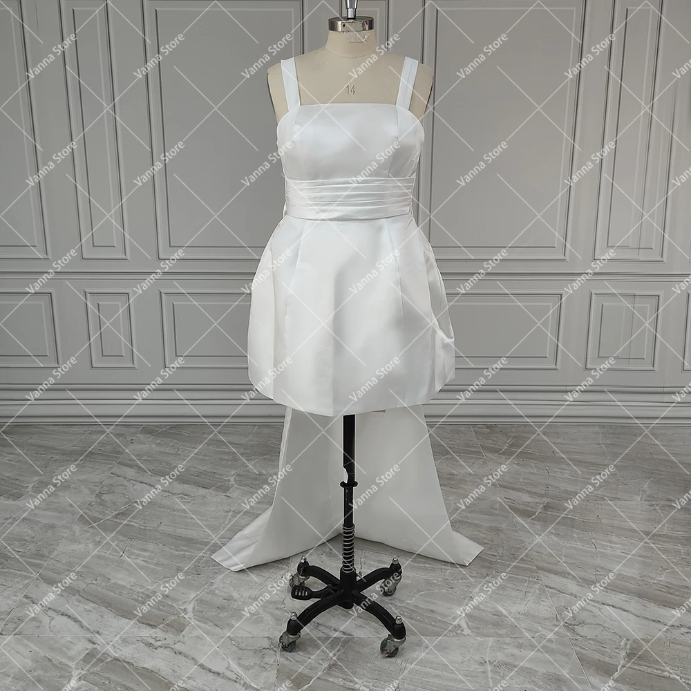 Short Mini Satin Square Neck Bridal Gown Large Bow Train Custom Made Plus Size Open Back Above Knee Length Puffy Wedding Dress