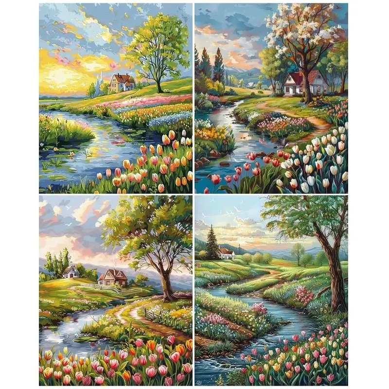 CHENISTORY الطلاء بالأرقام مشهد النهر والشجرة DIY صور حسب عدد مجموعات الرسم على قماش رسمت باليد هدية ديكور المنزل