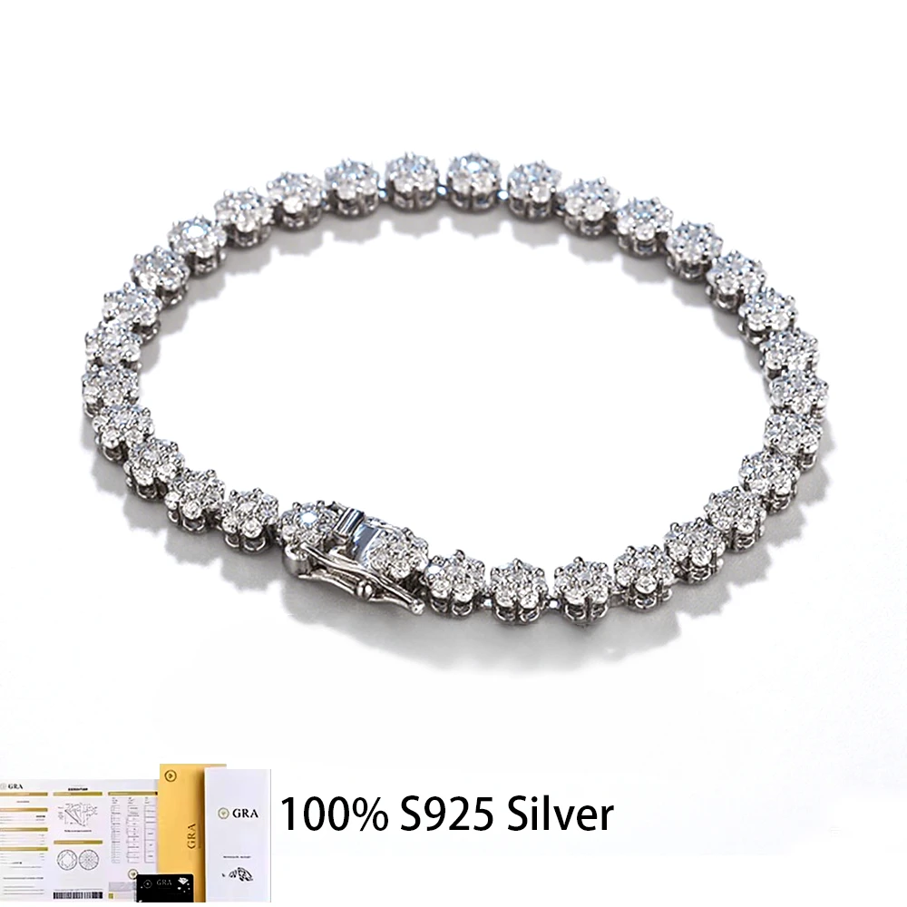 

S925 Sterling Silver GRA-Certified Full 2mmMoissanite Tennis Bracelet, Women's Floral Design Shimmering High-End Jewelryry