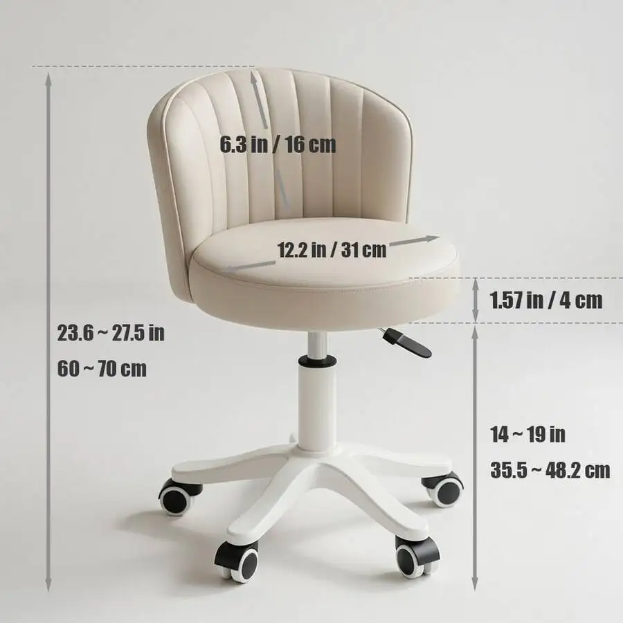 1 PC Small Round Rolling Vanity Chair Armless Comfy Vanity Computer Chair With Low Backrest PU Leather Height Adjustable Swivel