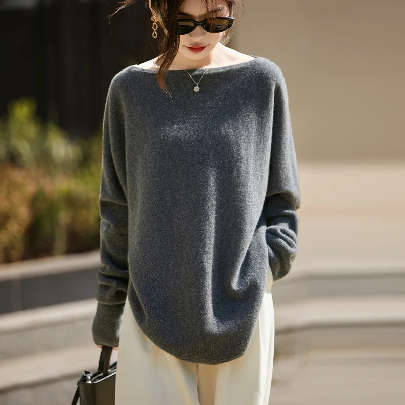 Women's Sweater 100% Pure Wool One Neck Knitted Pullover Fashion Korean Version Bat Sleeve Tops Loose Knit Sweater Autumn Winter