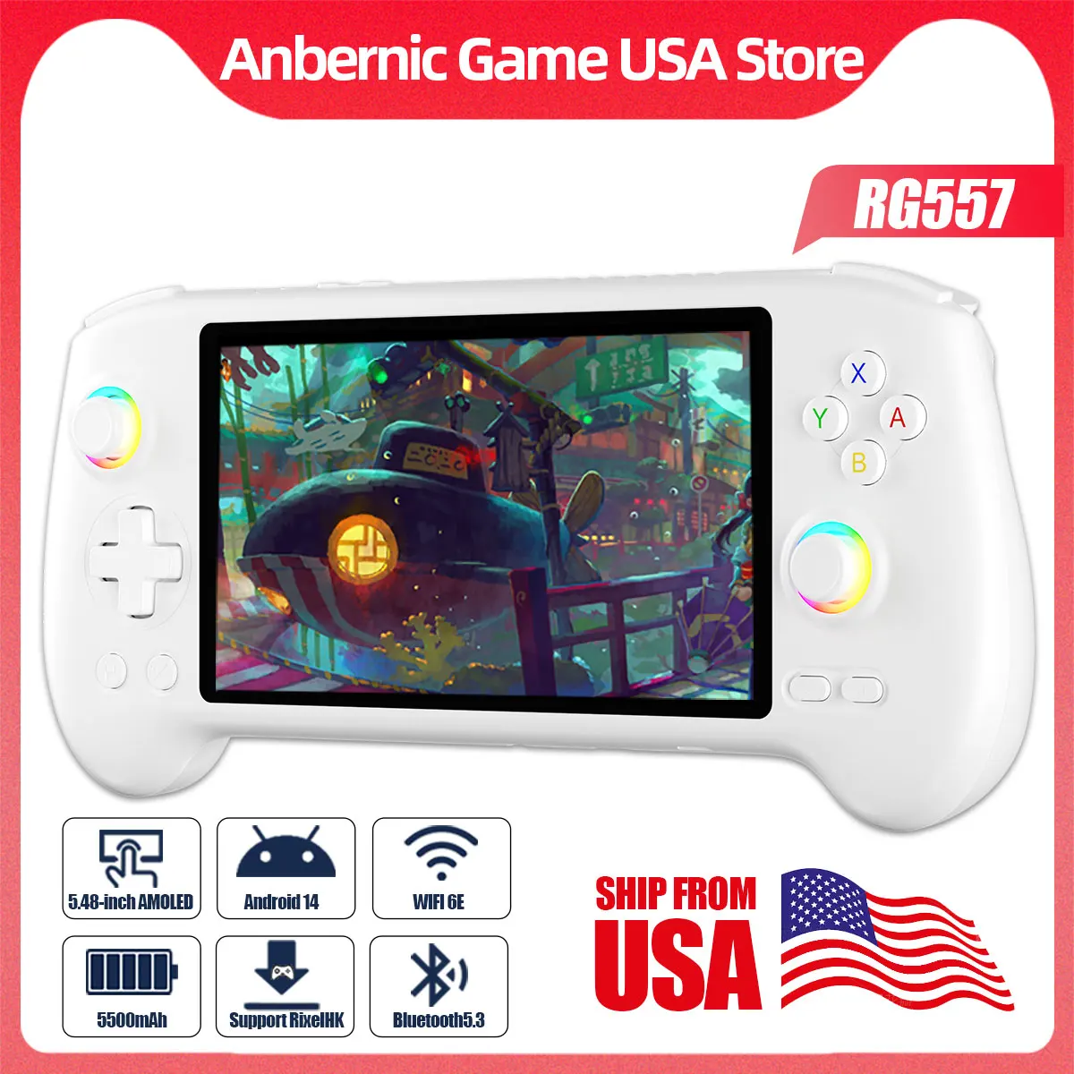 

Anbernic RG557 Handle Game Console 5.48 AMOLED HD Screen Handheld Game Console Android 14 System Retro Video Games Player RGB
