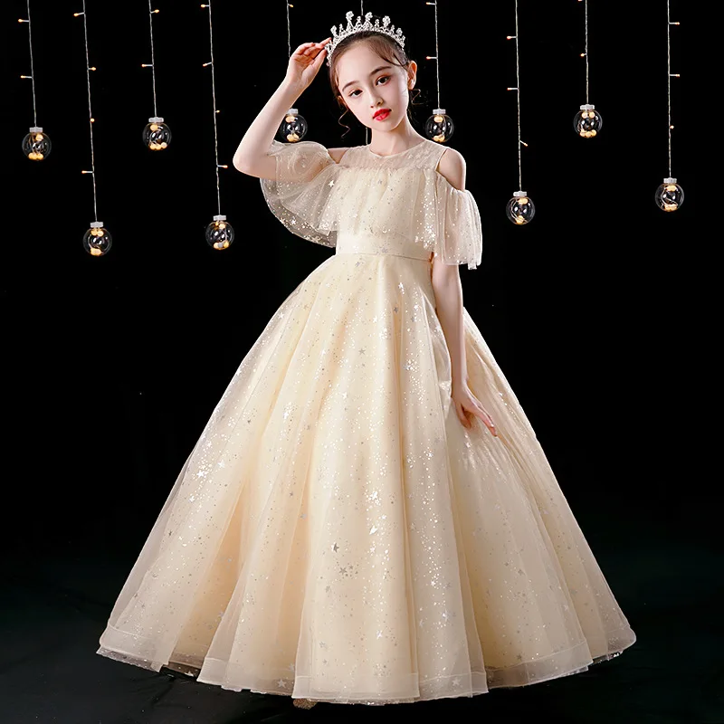 

2025 Girls' New Elegant Long High-end Champagne Color Piano Performance Dress Princess Dress