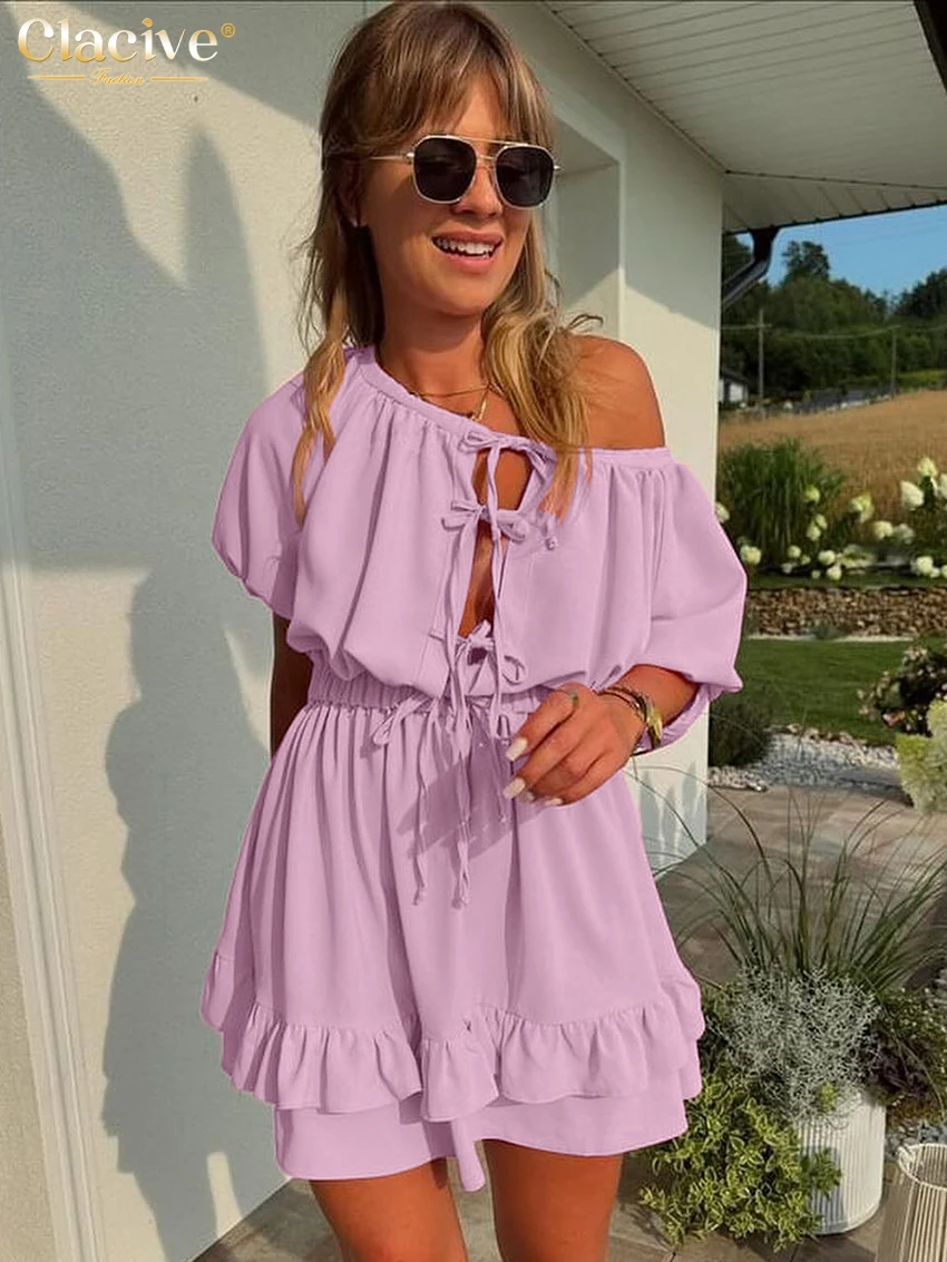 

Clacive Summer Loose Pink Woman 2 Piece Set Outfit 2025 Fashion Short Sleeve Crop Top With High Waist Pleated Mini Skirt Set