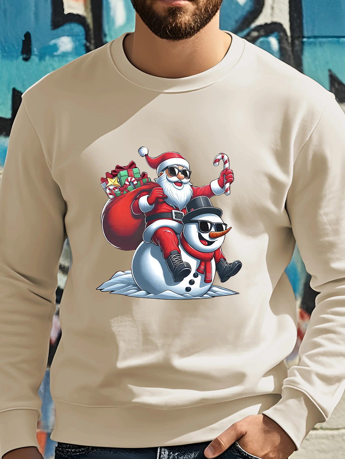 Merry Christmas Santa & Snowman Print Men's Sweatshirt - Casual Long Sleeve Crew Neck Pullover for Fall/Winter, Machine Washable