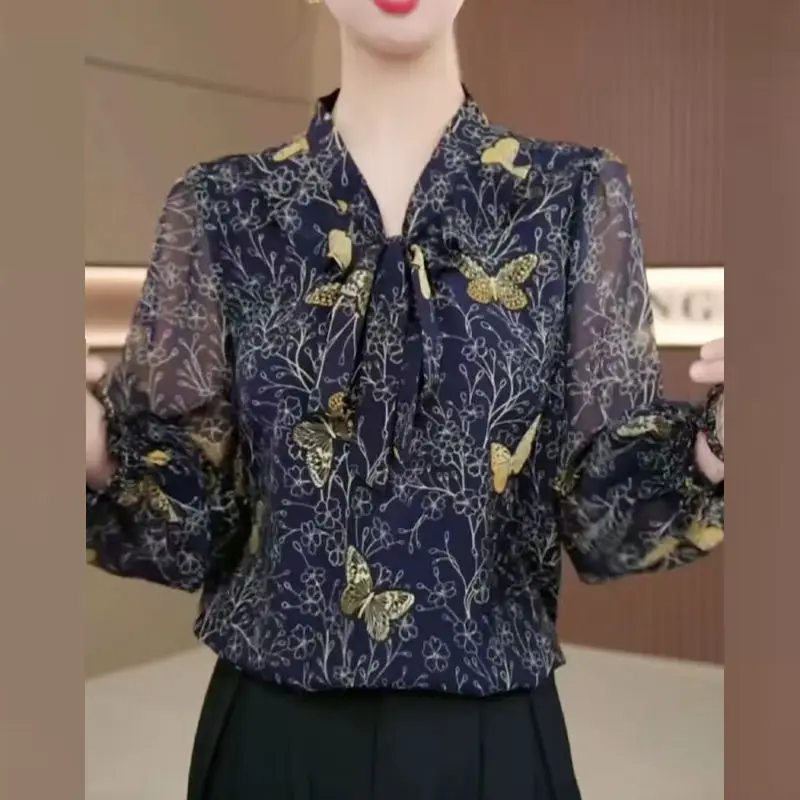 Ribbon Slimming Shirt Women's New Style Elegant Versatile Top