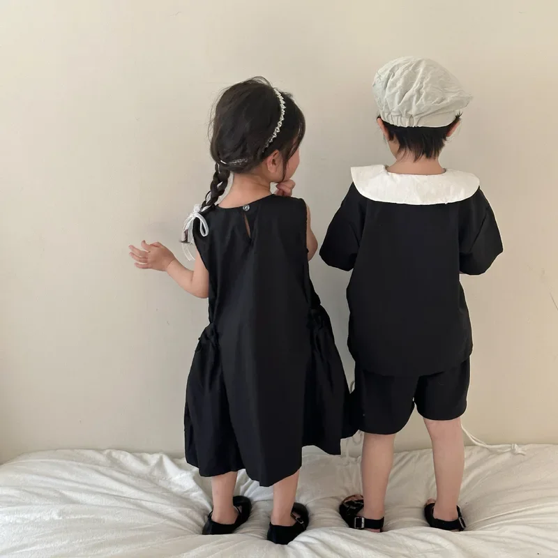 2024 Summer New Children Short Sleeve Clothes Set Toddler Boys Tops Shorts Suit Girls Solid Vest Dress Brother Sisters Outfits