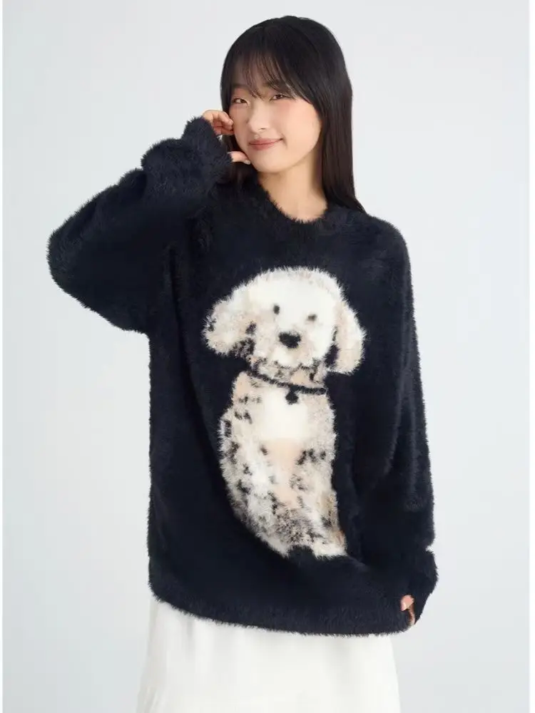 Niedlicher Hund, Jacquard-Muster, Herbst/Winter, koreanischer Preppy-Stil, Pullover, gestrickter Damen-Strickpullover, locker geschnitten, lange Ärmel, Rundhalsausschnitt, Strickwaren, Jumper.
