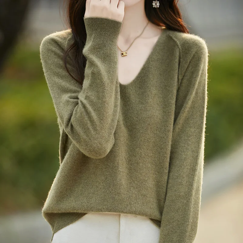 2025 outono e inverno novo feminino ombro comprimento manga comprida camisola de caxemira solta com decote em v 100% lã merino roupas de malha
