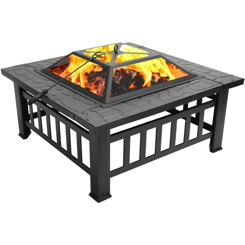 

Portable Fire Pit 32" with Barbecue/Cooking Grill, Poker and Rain Cover Square Metal 3 in 1 Wood Burning Fire Pit for Backyard