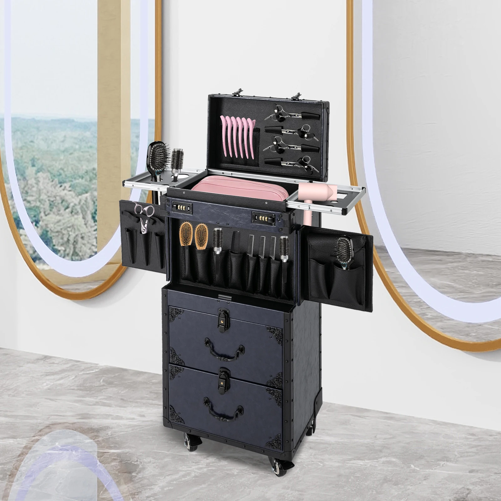 Artist Makeup Case Trolley Universal Casters with 4 Keys Rolling Nail Tech Makeup Cart Travel Box for Makeup Hairstylists