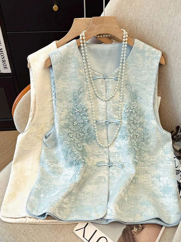 

Женский жилет iny с блестками, модный китайский жилет в стиле ретро, новый средний тяжелый промышленный топ с вышивкой, круглый топ на пуговицах