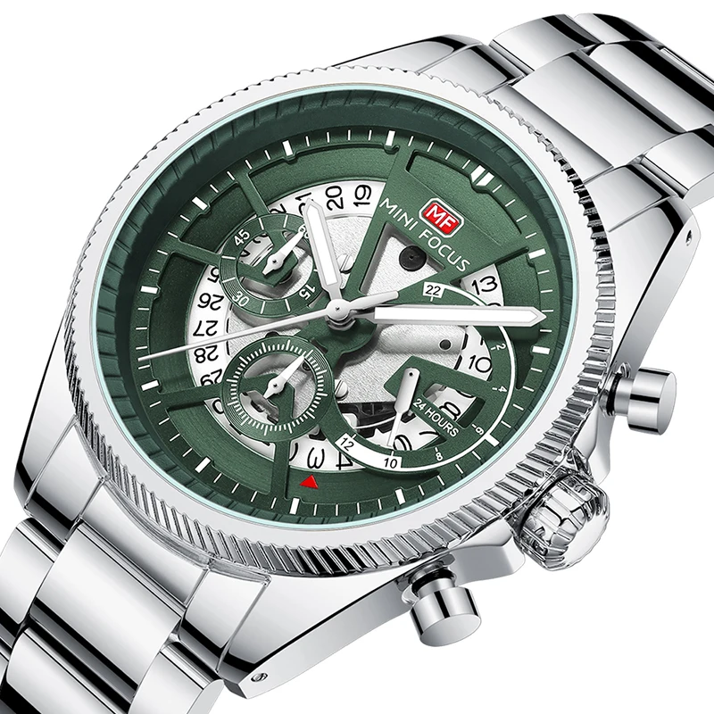 Mini Focus MF0490G Orologio da uomo semplice di lusso Cronografo con cinturino in acciaio inossidabile Lancette luminose Orologi al quarzo impermeabili