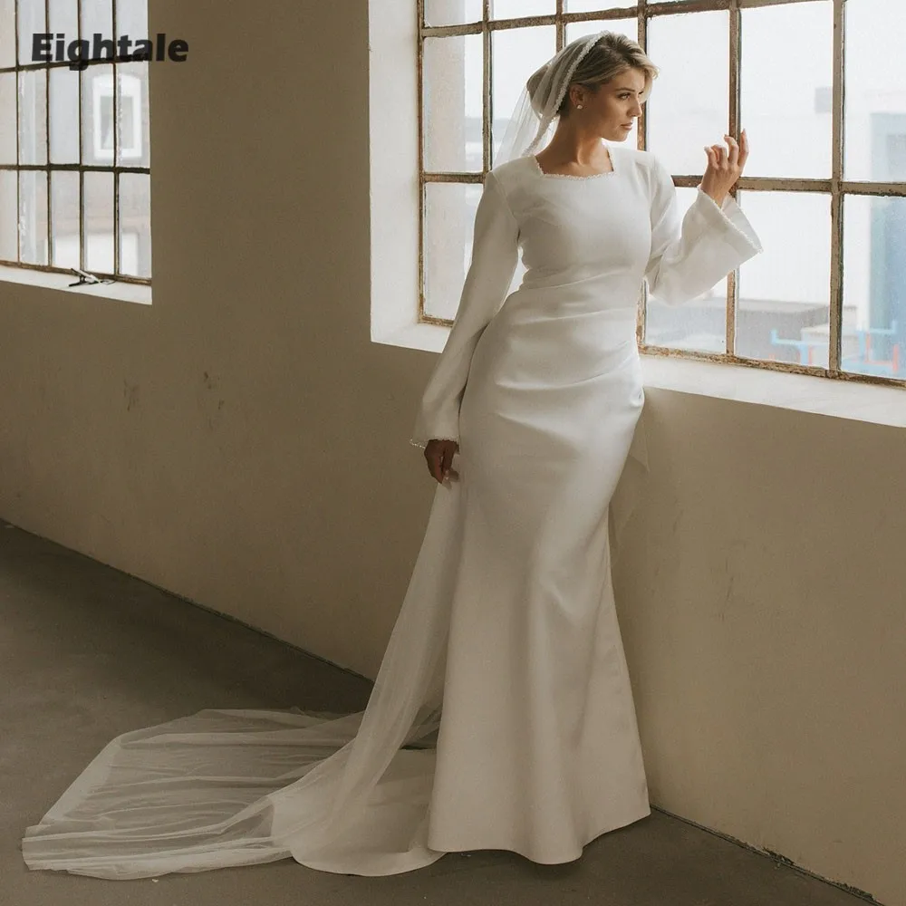 ชุดแต่งงานแบบอาหรับ Eightale สีไอวอรี่ แบบสั่งตัด ประดับลูกปัด คอวี แขนยาว ทรงเมอร์เมด สำหรับเจ้าสาวมุสลิม ชุดงานเลี้ยง