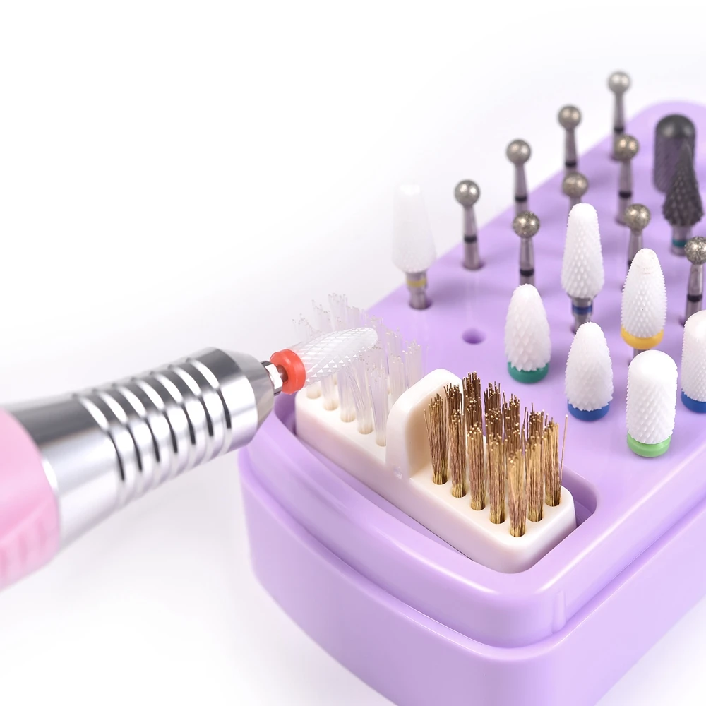 30 Holes Nail Drill Bits Storage Box with Cleanning Brush Manicure Salon Grinding Head Holder Display Nail Art Accessory