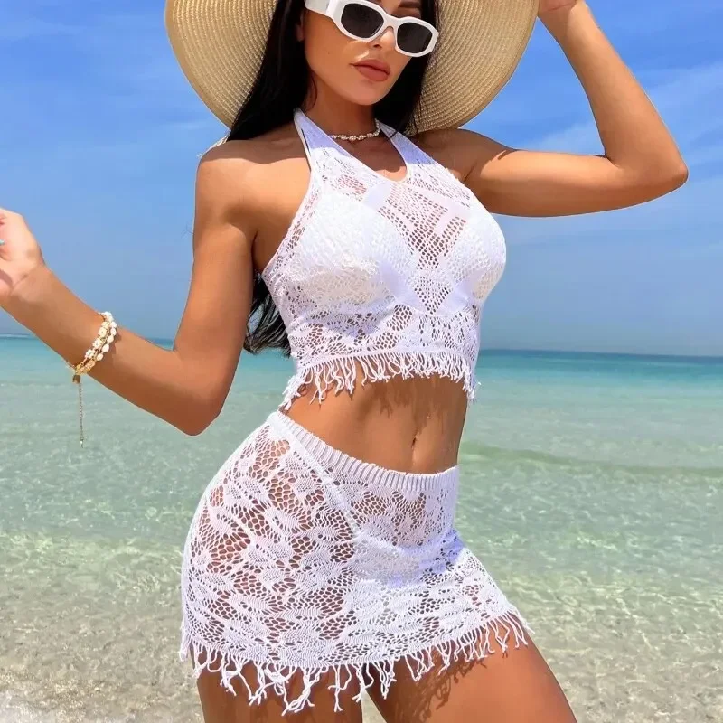 

2PCS Sexy Women Fishnet Cover Ups Hollow Out Bodycon Women's Swimwear See through Tassel Dress without Bikini Beachwear