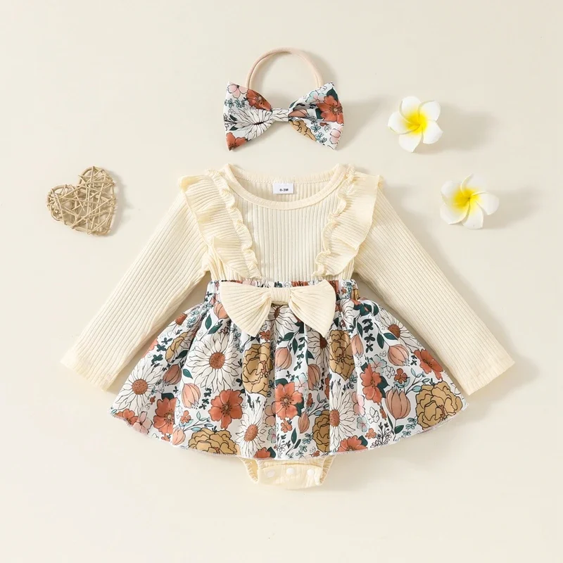 0-24Months Baby Girl Fall Romper Dress Outfit Flower Print Ruffle Trim Long Sleeve Bodysuits Bow Headband 2 Piece Set