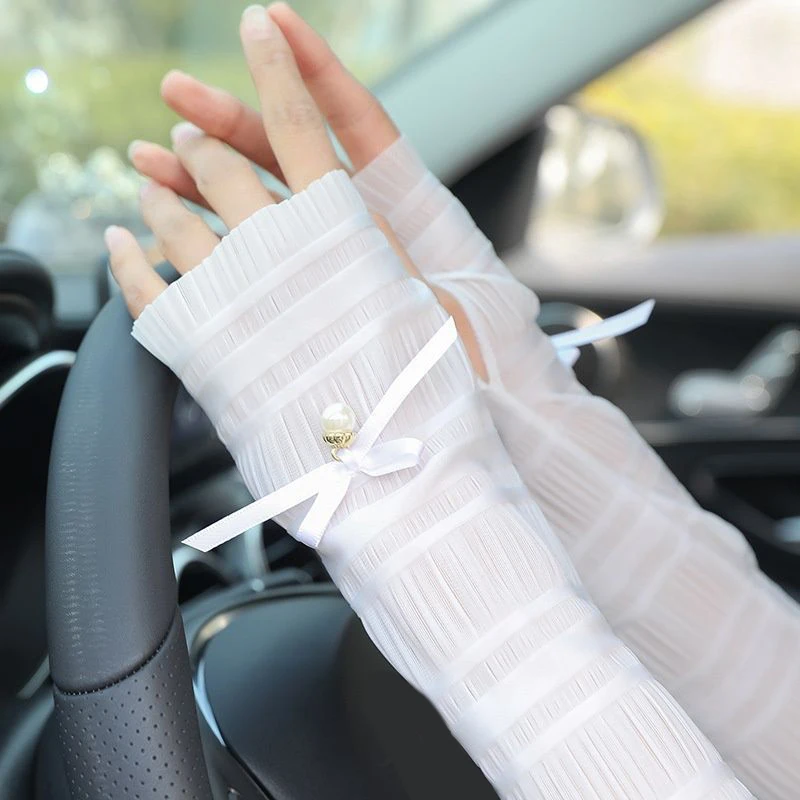 Summer Pearl Sleeves Outdoor Sun Protection Women Bow Long Ice Seeves Sun Protection Sleeves Thin Gloves Sunscreen Accessories