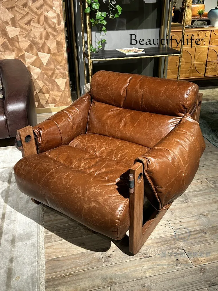 

Nordic Retro Medium Ash Leather Chair Designer Model Home Bedroom Single-Seat Sofa Chair