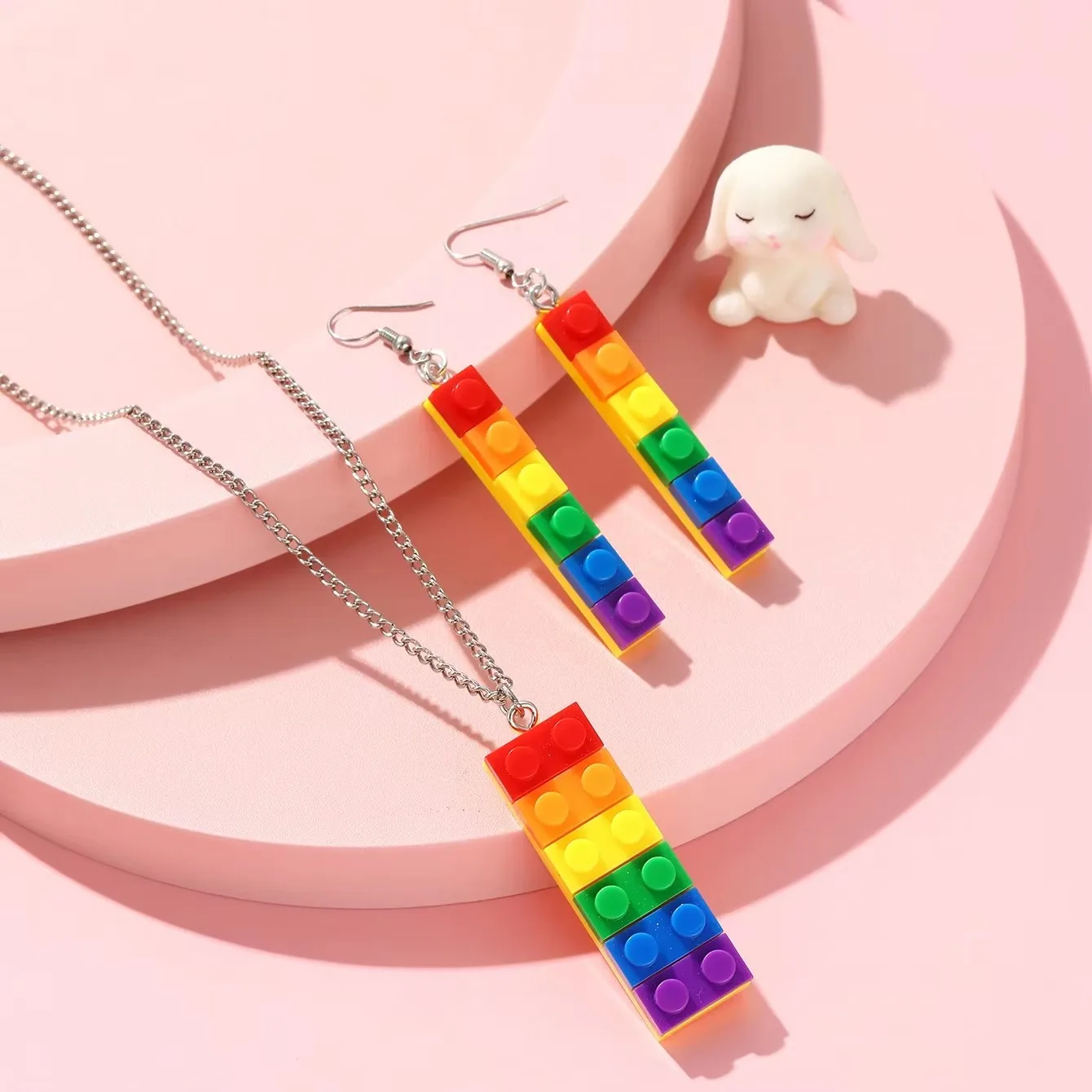 Colorful Building Blocks Charms Jewelry Set Detachable Cute Rainbow Earring Necklace Pendant for Women Girls Gift