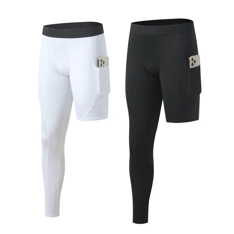 

Running Tights Men Compression Pants Pockets Quick Dry One Leg Ninth Pants Basketball Jogging Gym Leggings Male Sportswear