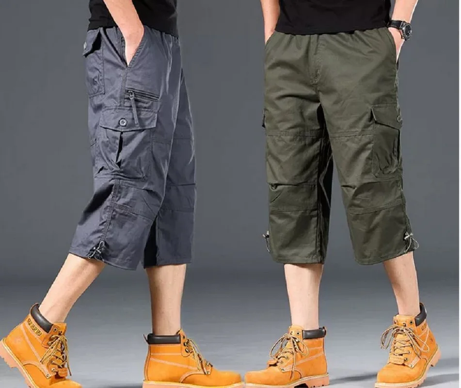 

Summer New Men's Cargo Shorts with Pocket Loose Casual Below Knee Pants Elastic Waist Outdoor Jogging Tactical Capri Pants