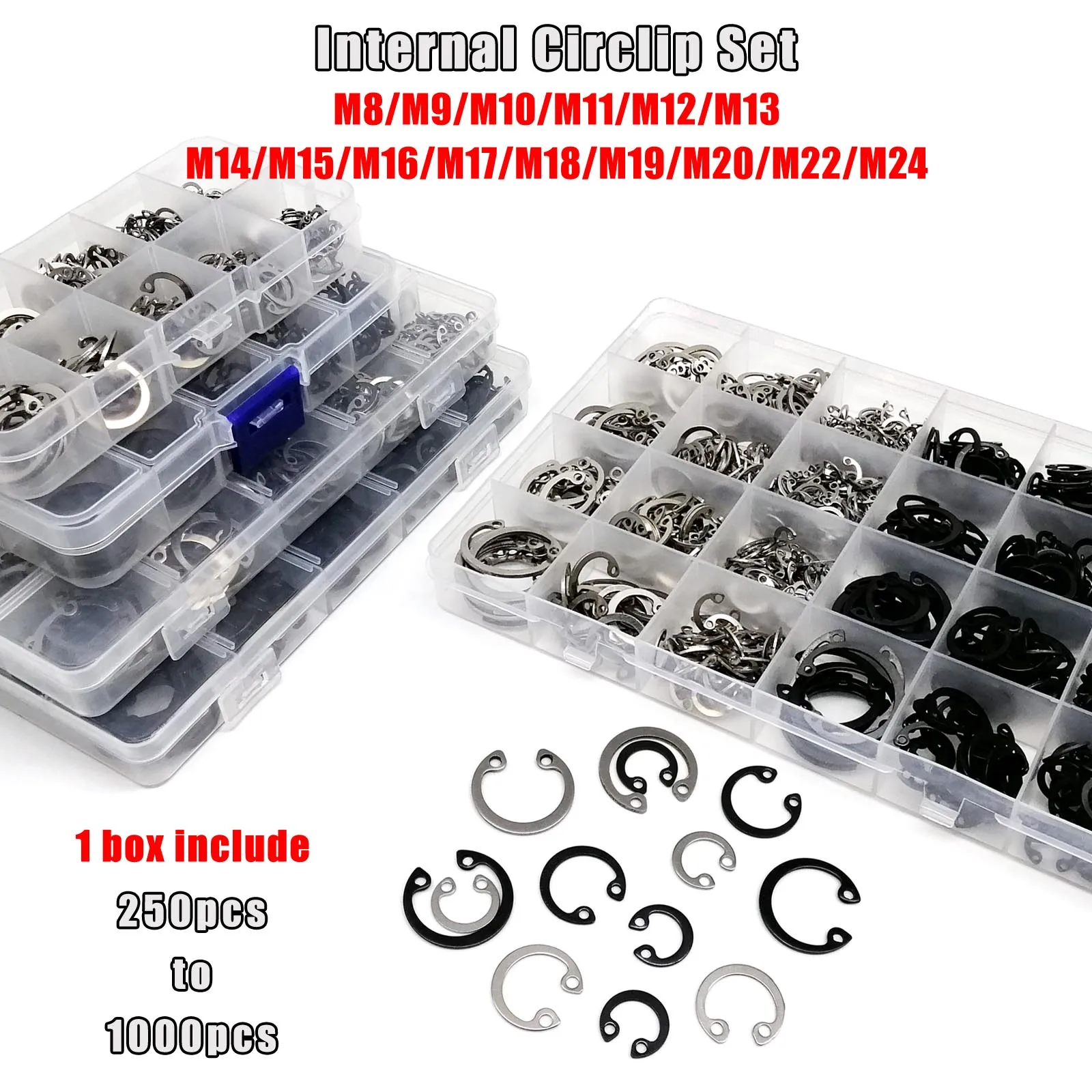 1 Box M8-M24 Assortment Kit Set C Type Internal Circlip Retaining Hole Clip Snap Ring GB893 304 Stainless Steel Black 65mn Steel