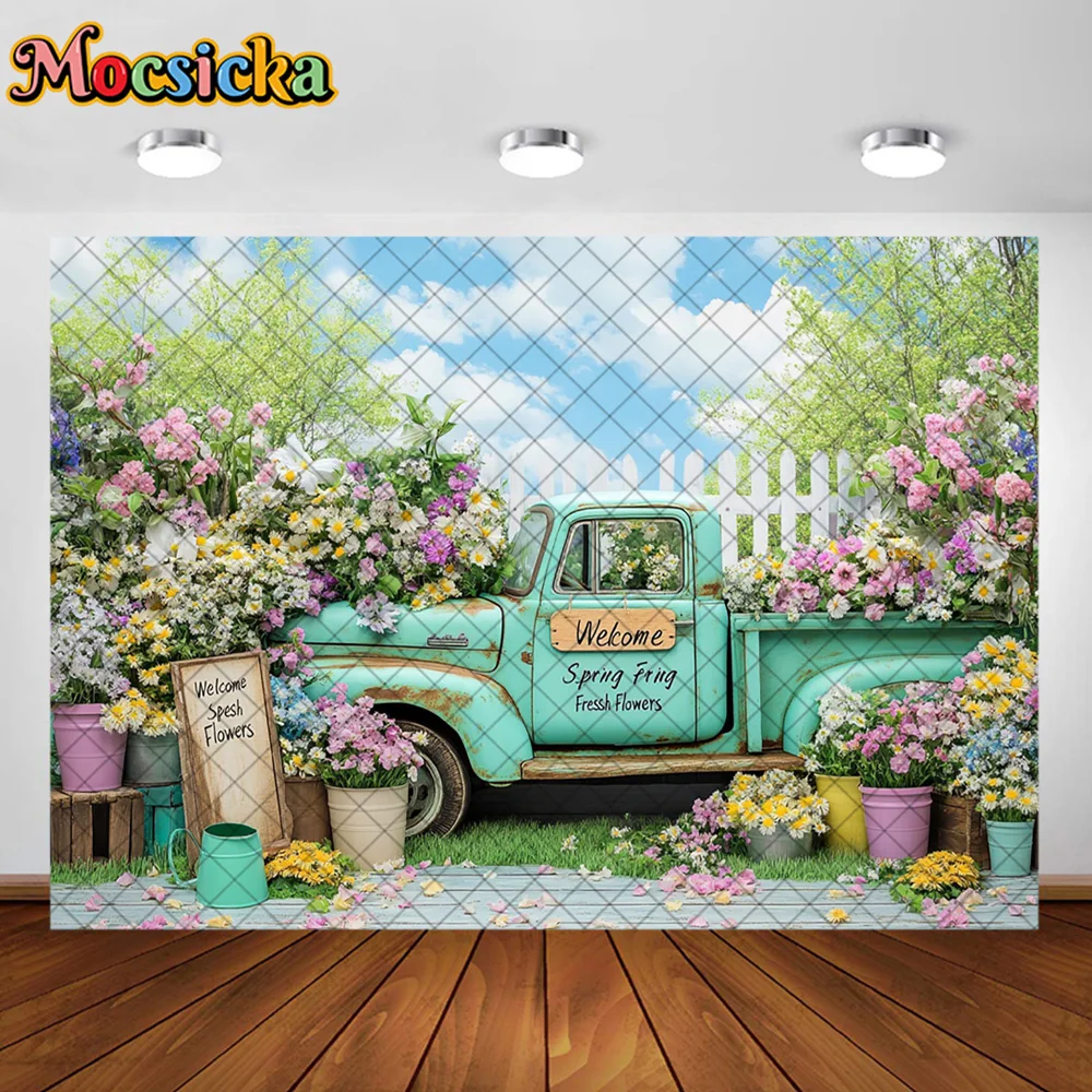Mocsicka การถ่ายภาพพื้นหลังฤดูใบไม้ผลิดอกไม้รถบรรทุกรถตกแต่งฉากหลังเด็กผู้ใหญ่วันหยุดภาพสตูดิโอ Props
