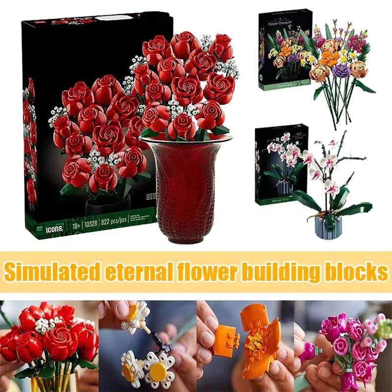 مجموعة مكعبات بناء أوركيد الوردية الإبداعية - نموذج باقة الزهور الرومانسية، هدية مجمعة يدويًا لعشاق الأطفال #2