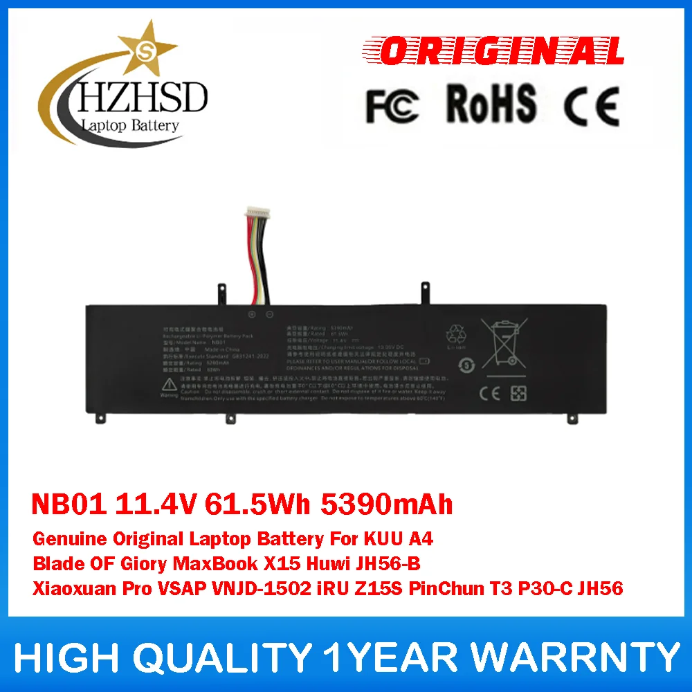 

NB01 11.4V 61.5Wh 5390mAh Genuine Original Laptop Battery For KUU A4 Blade OF Giory MaxBook X15 Huwi JH56-B Xiaoxuan Pro VSAP