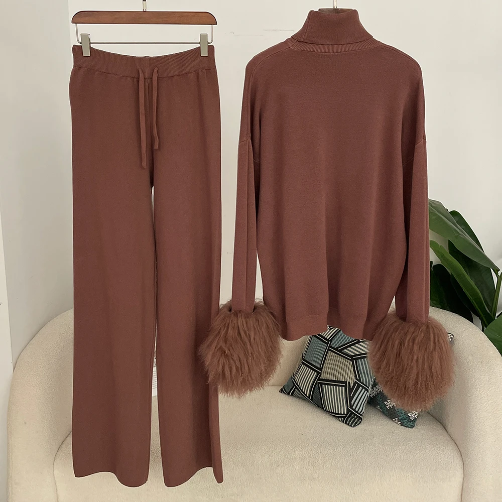 OFTBUY Wool & Blend ถักเสื้อกันหนาวและกางเกงเสื้อกันหนาวผู้หญิงชุดจริงแกะมองโกเลียขนสัตว์ Cuffs คุณภาพสูงถักชุด