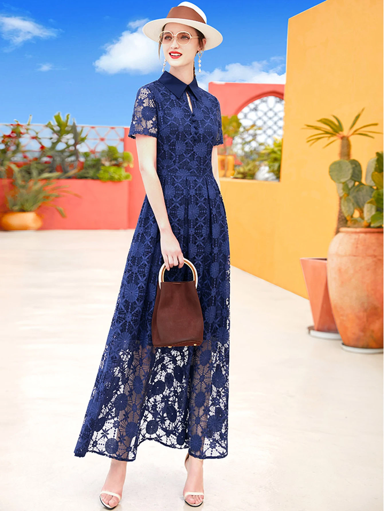 Elegant Long Maxi Dress Embroidered Lace Hollow Out Slim Fit Party Evening Dress Turn-down Collar Dresses Summer Woman Vestidos