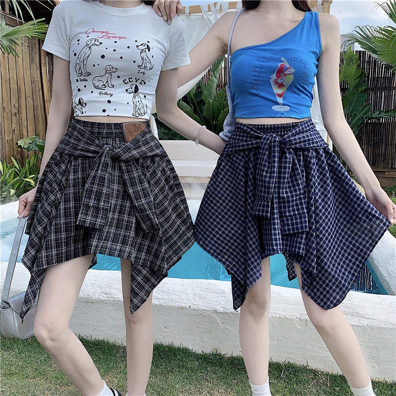 2026 Fake Two Pie High Waist Asymmetrical Slim Mini Skirt with Butterfly Knot Belt Shirt Style A-Line Skirt for Women Bangdege