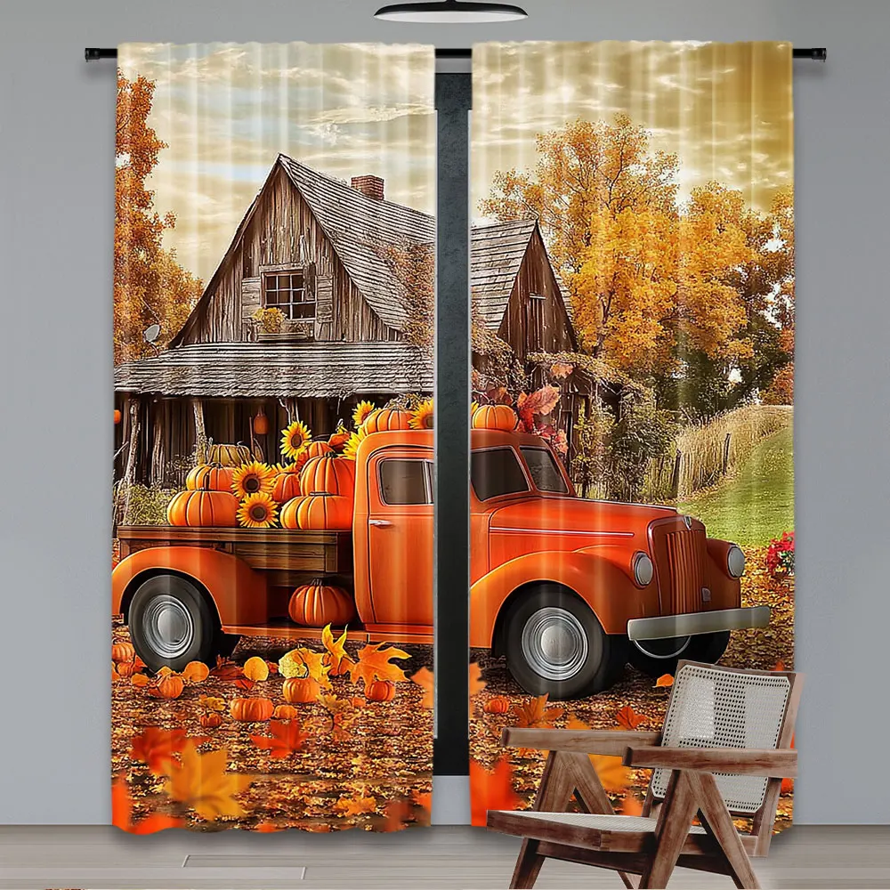 2Pcs Fall Autumn Farm Thanksgiving Harvest Curtain Wooden House Truck Pumpkin Sunflower Holiday Party Decoration