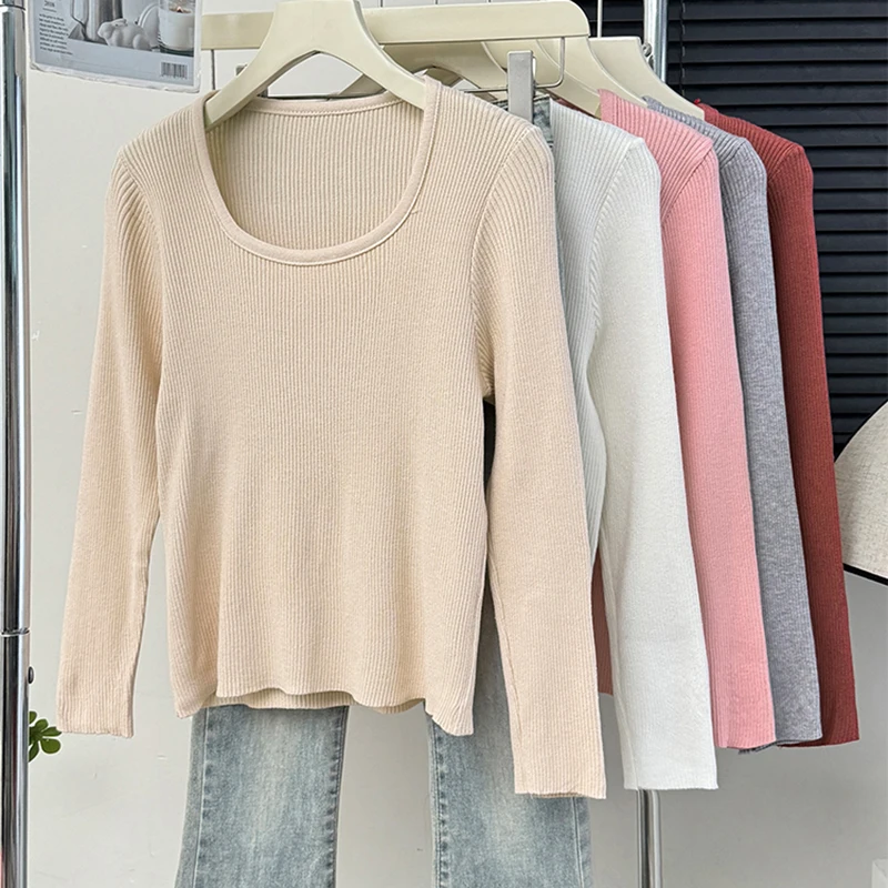 

French Style Square Collar Knitshirts Women Autumn Long Sleeve Slim Bottoming Tops Simple Versatile Ladies Pullover Sweater