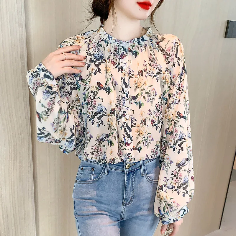 

Women Clothes Chiffon Floral Shirt Elegant Loose All-match Fashion Blouses Spring Lantern Sleeve Printed Button Temperament Tops