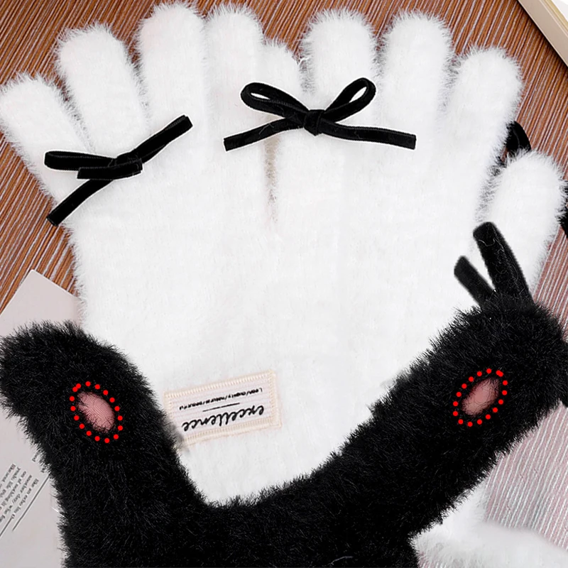 Premium Feel Elegant Kawaii Thickened Plush TouchScreen White Black Butterfly Gloves Fullfinger Y2K Bow Tie Coral Velvet Mittens