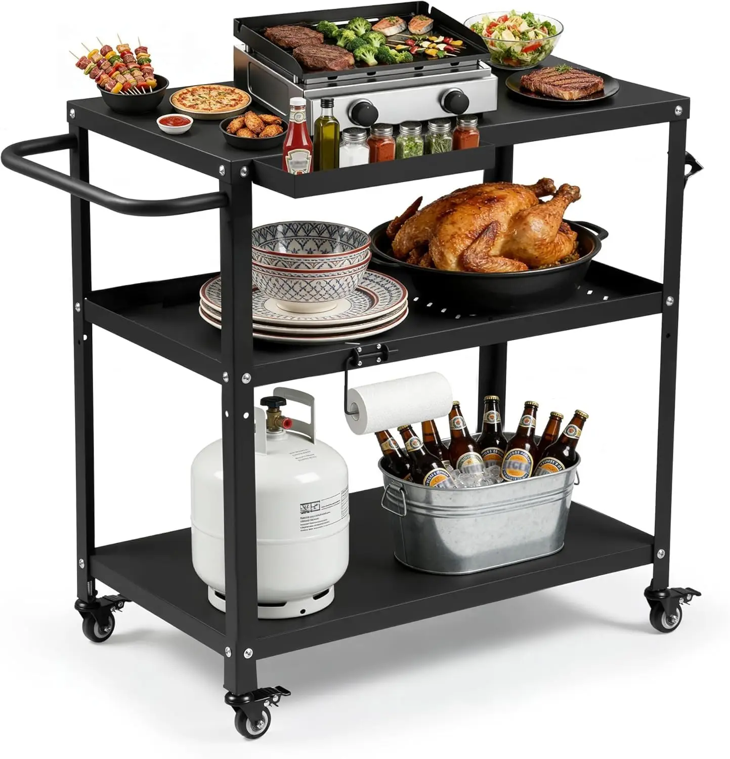 Multifunctional Grill Cart Table with 4 Lockable Casters, Hooks & Side Handle, Indoor Outdoor Pizza Oven Stand for Patio Kitchen