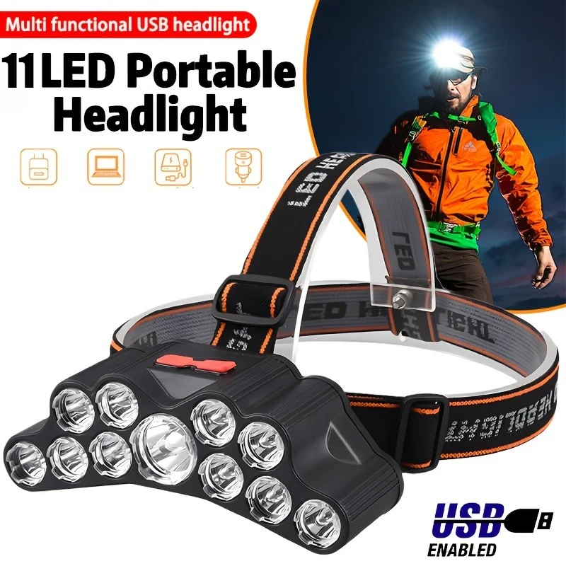 Powerful Bright 5/11 LED Headlamp w/ Built-in Battery USB Rechargeable Head Flashlight Outdoor Camping Fishing Headlight Lantern