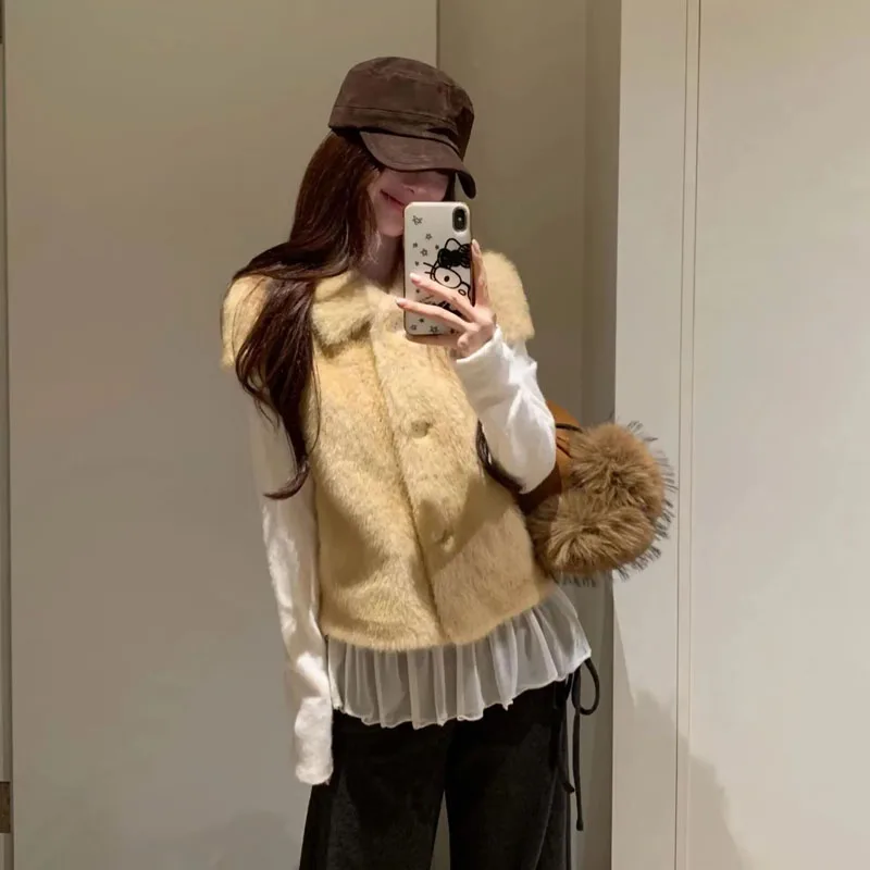 Soft Plush Vest Winter Warm Solid Color Outerwear Tops For Women Sleeveless Korean Fashion Buttons Up Slim Elegant Thick Tops