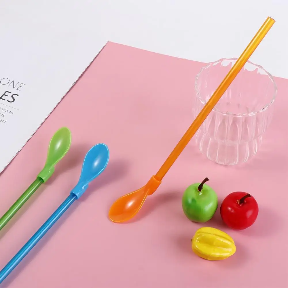 5Pcs 2 in 1 Plastic Spoon Straws Stirring Spoon Detachable Long Handle Ice Cream Spoon Reusable Milkshake Straws Party