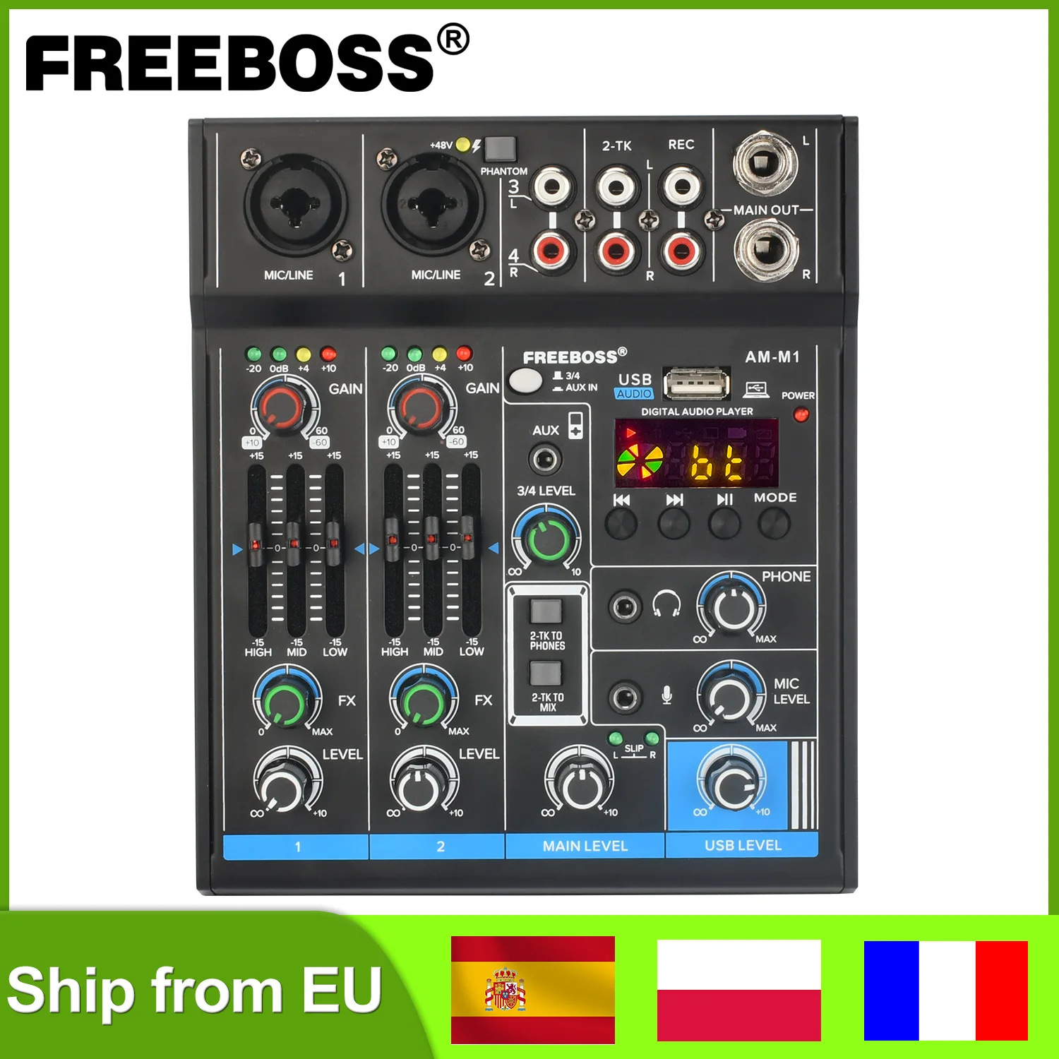 FREEBOSS 4 Channel Mixing Console 48V 5.0 Bluetooth RCA 3.5 Input Sound Audio Mixer USB PC Record Play for Wedding Party AM-M1