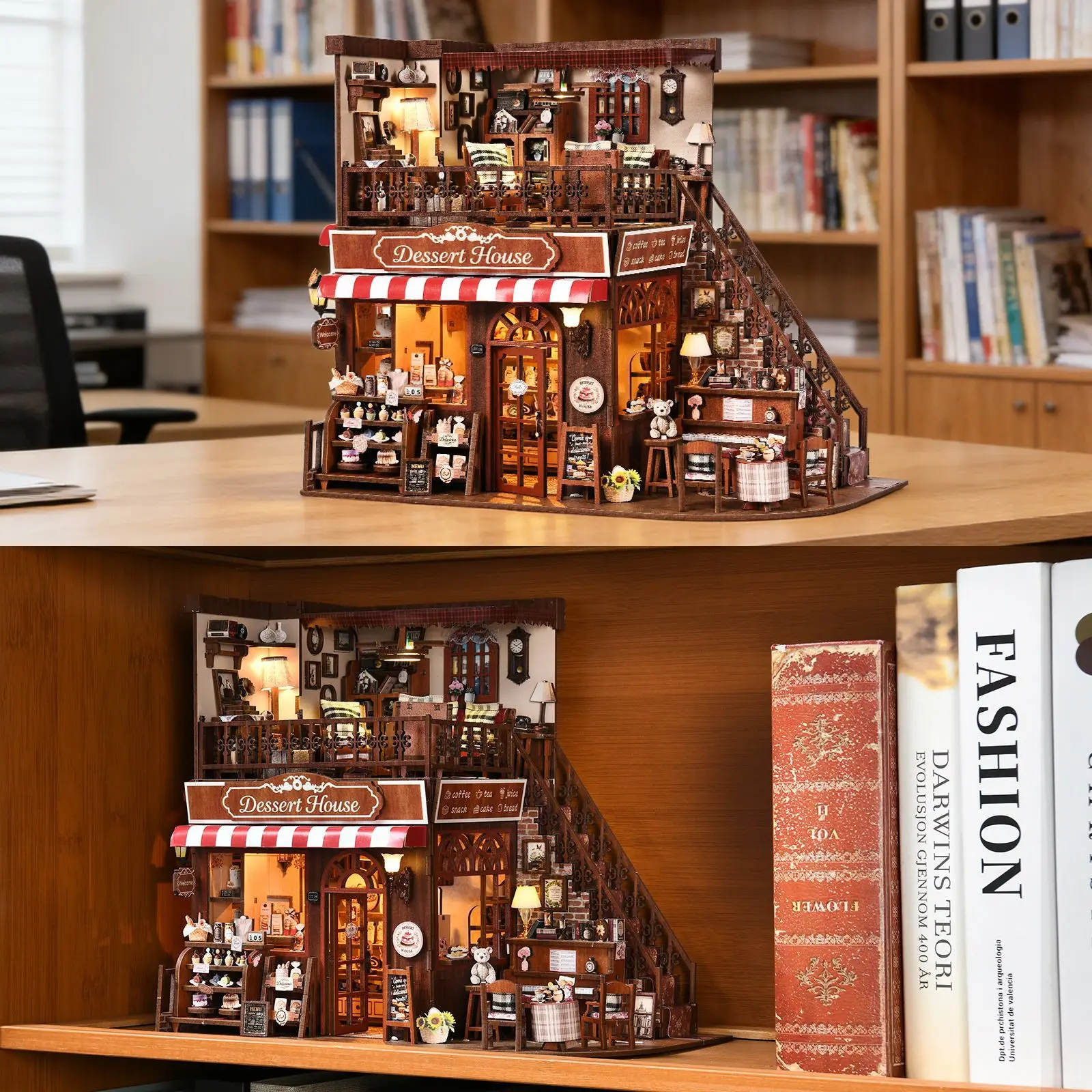 Kit modello in miniatura fai-da-te per casa da dessert ad angolo: giocattolo puzzle e angolo di libro 3D assemblato a mano, squisito regalo per casa delle bambole in legno con luci