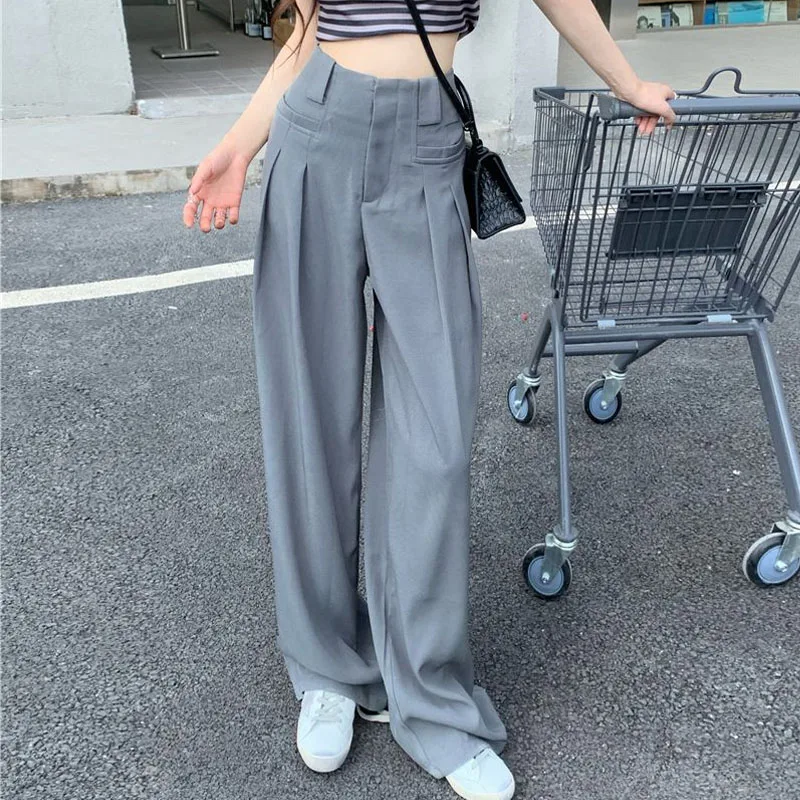 Korean Simplicity Women\'s Solid Color High Waist Trousers Summer All-match Folds Spliced Loose Wide Leg Pants Female Clothing