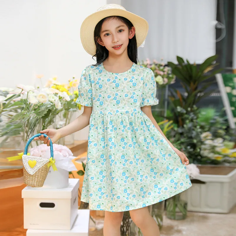 Summer Dress for Girls Kids 5-14Years Cotton Floral Printed Short Sleeve One Piece Pullover Dress Princess Big Child Clothes