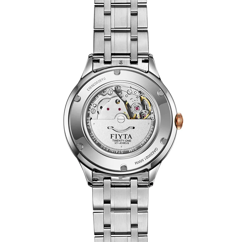 Fiyta automatic mechanical man watches, stainless steel strap, 50-meter water-resistant, sapphire crystal watches for man