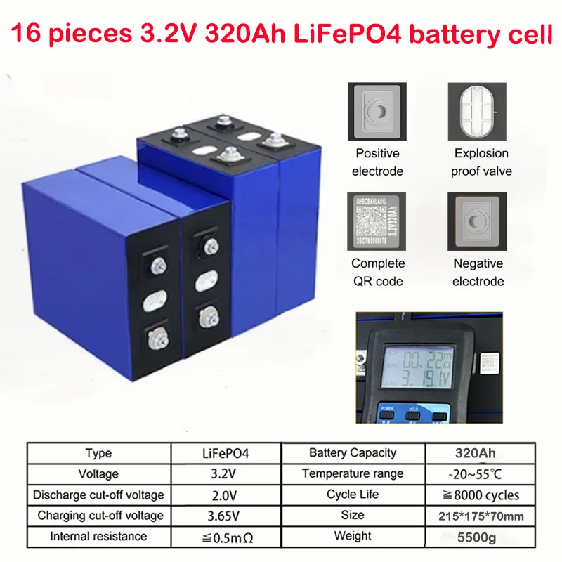 16pcs 3.2V 320AH 330AH LifePO4 Battery Rechargebal Lithium iron phosphate Battery Pack DIY 12V 24V For RV Vans Campers EV Boats