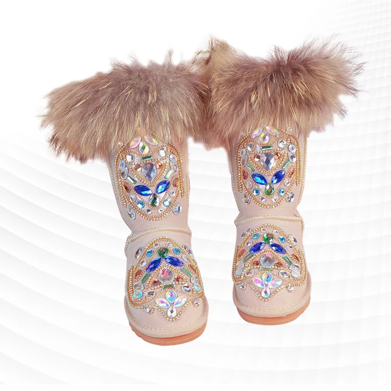 Super fox fur heavy work rhindiamonds party banquet fur one snow boots tall large size casual women's cotton shoes 35-44